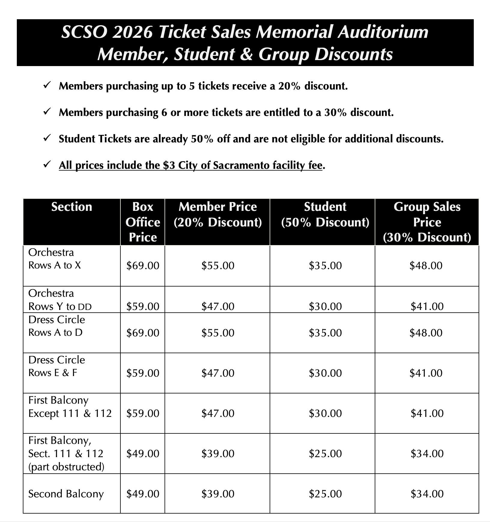 Memorial Auditorium Discounted Tickets for SCSO Members & Friends